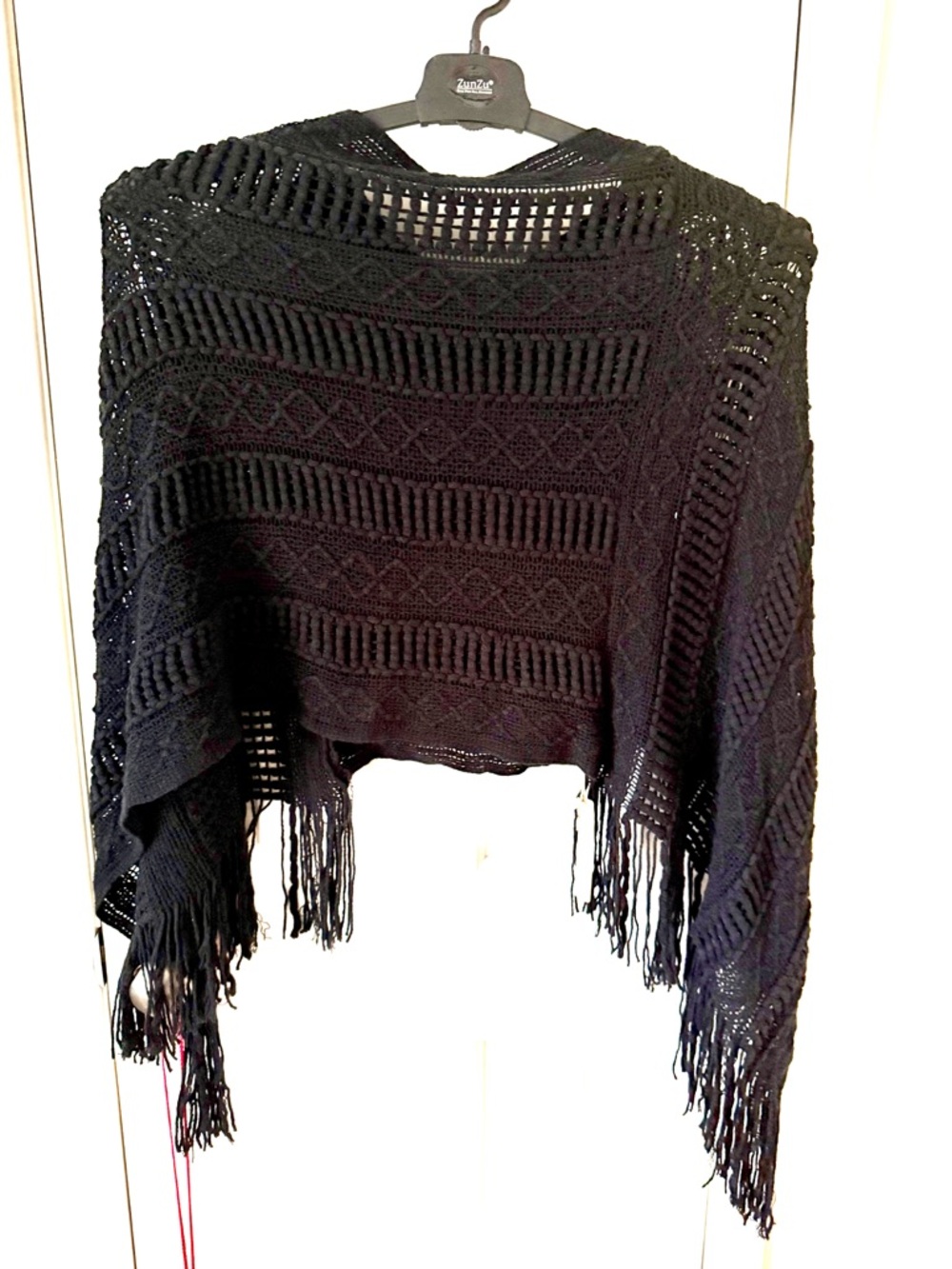 Black Open-Knit Fringe Poncho